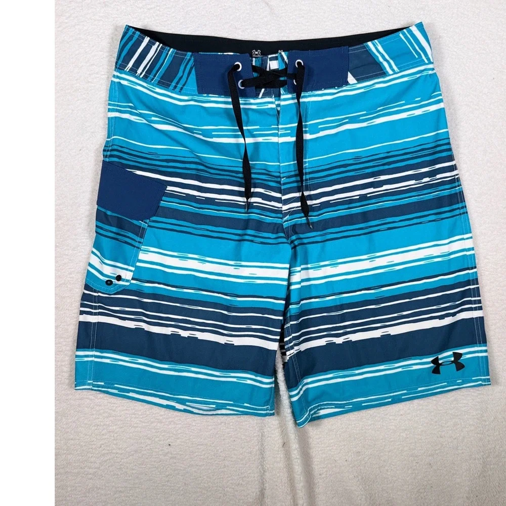 Under Armour Mens Board Shorts HeatGear Swim Trunks Blue Striped Size 34 Tie